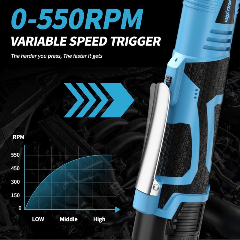 FULLYEA Electric Ratchet Wrench Set,18V Cordless Ratchet Tool Kit,550 RPM, 3/8" Variable Speed Power Ratchet Wrench with LED Light, 2 * 2.0Ah Li-ion Batteries and Fast Charger, Blue - Image 4
